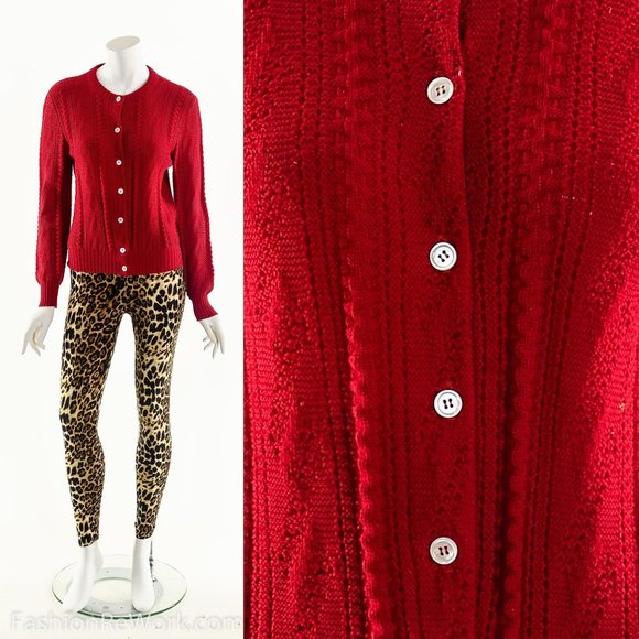 Red Cardigan Sweater,Cable Knit Sweater,50s Retro Sweater,Ugly Christmas Sweater - Picture 8 of 8